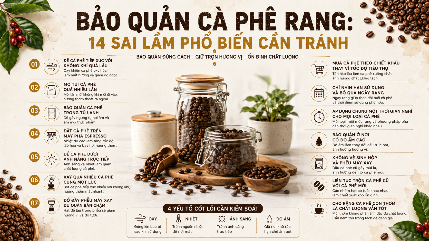 Bảo quản cà phê rang và những sai lầm phổ biến làm giảm chất lượng cà phê