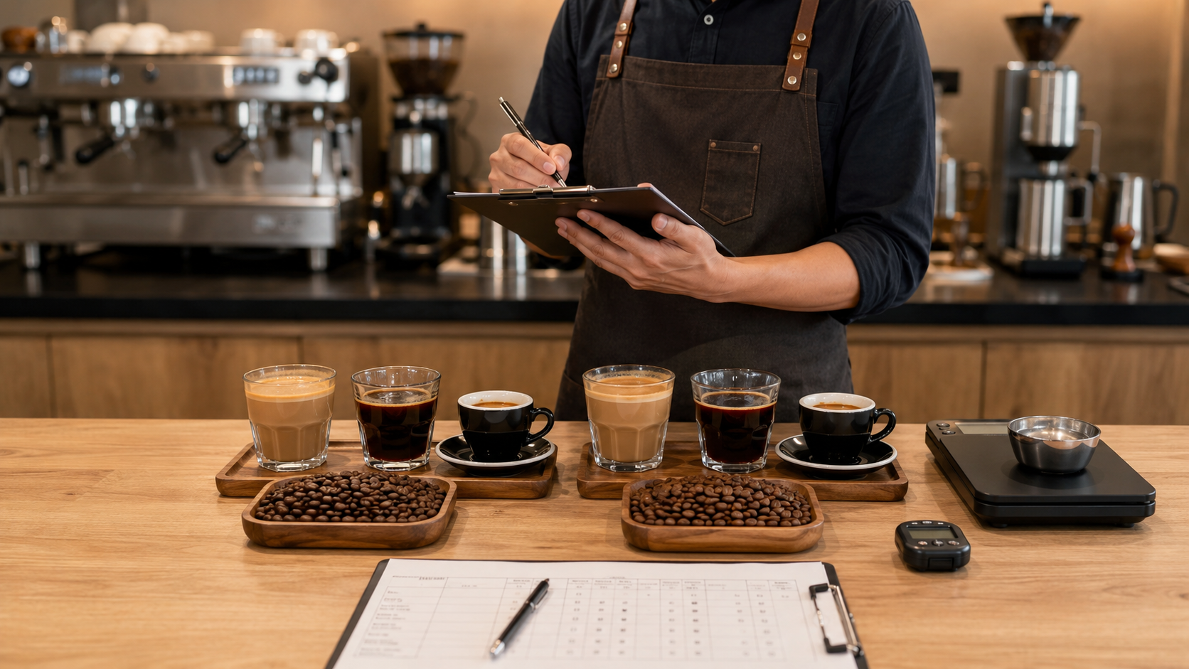 Barista thử mẫu cà phê pha máy trên thiết bị thực tế tại quán